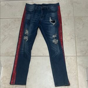 Rue21 Premium Supreme Flex Men's Distressed Skinny Jeans with Red Stripes